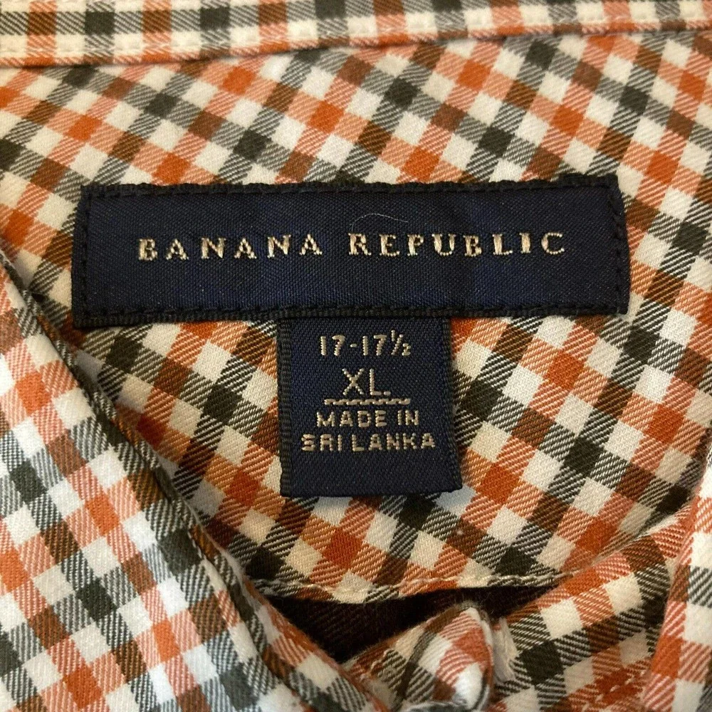 Banana Republic Shirt Mens Sz XL 17 17.5 Button Down Beige Check Cotton‎ Dress